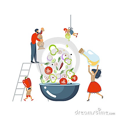 Happy happy family cooking together a salad concept. Vector Illustration