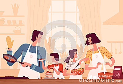 Happy family cooks pancakes in the kitchen. Mom, dad, son and daughter are cooking together. Parents spend time with Vector Illustration