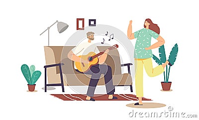 Happy Family Couple Home Party Concept. Man Playing Guitar and Singing Song, Woman Dance. Characters Sparetime Vector Illustration