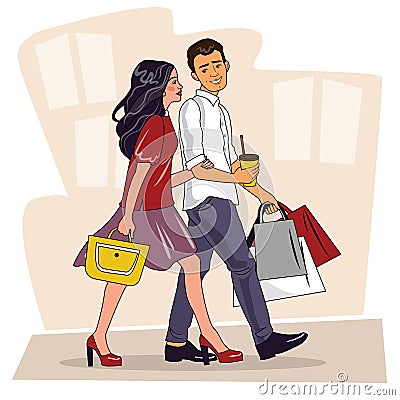 Happy family couple with shopping. Beautiful Man and woman with shopping bags walking on street. Big Sale. Shopping couple Vector Illustration