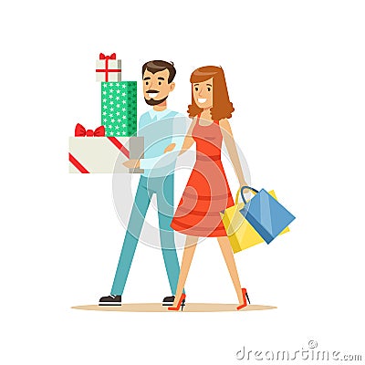 Happy family couple walking with shopping bags and gift boxes colorful character vector Illustration Vector Illustration