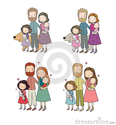 A happy family. Cute cartoon dad, mom, daughter and baby. Funny cat and dog. Pets Vector Illustration