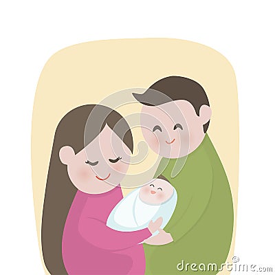 Happy family with cute new born baby, New parents holding , mother, father, Vector illustration Vector Illustration