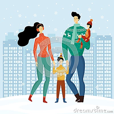 Happy family, cute smiling characters, mother, father, son and daughter holding hands and walking in snowy winter city, houses, Cartoon Illustration