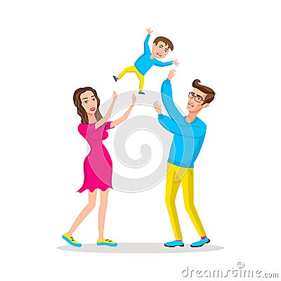 Happy family dad and mom threw son up, parents with their little child. Father raising baby up in the air Vector Illustration