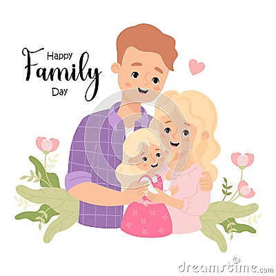Happy Family Day card. Cute man father, with wife mother blonde and daughter in flowers. Vector illustration Vector Illustration