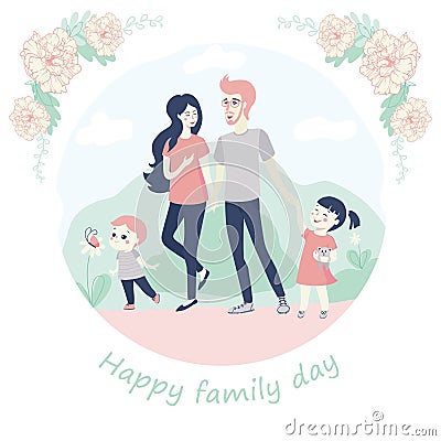 Happy Family Day Concept with a young family with kids, a small brother and sister, walking hand in hand with their Vector Illustration