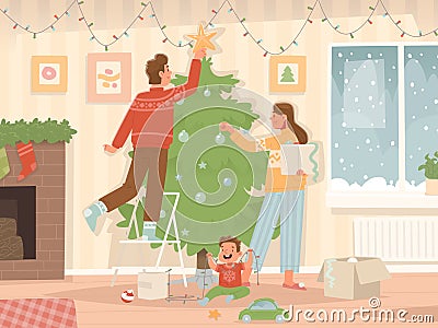 Happy family decorates Christmas tree at home. Dad, mom and child are preparing for the New Year holidays Cartoon Illustration