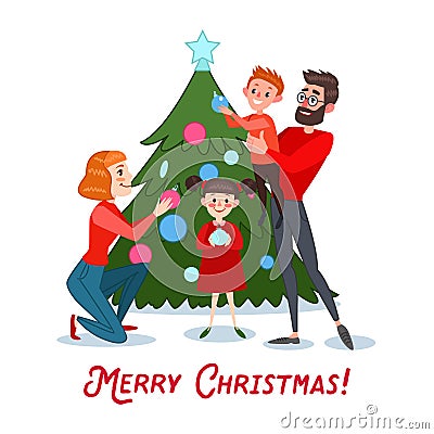 Happy Family Decorating Christmas Tree. Father, Mother, Son and Daughter Celebrating New Year Vector Illustration