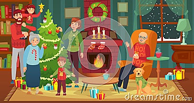 Happy family decorating christmas tree. Vector happy xmas Vector Illustration