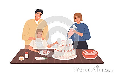 Happy family decorating homemade cake with whipped cream and strawberry vector flat illustration. Mother, father and son Vector Illustration