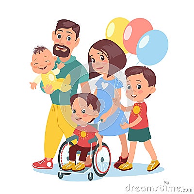 Happy family with disabled kid. Loving parents. Brother and cute baby. Smiling boy in wheelchair. Native people help and Vector Illustration