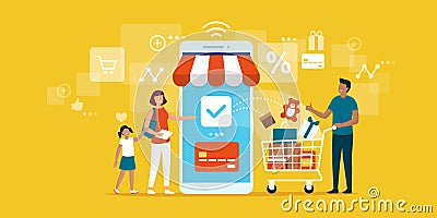 Happy family doing grocery shopping online Vector Illustration