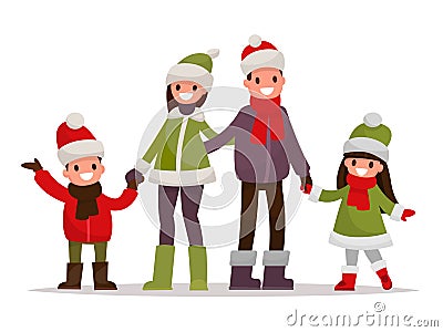 Happy family dressed in winter clothes on a white background. Vector illustration of a flat design Cartoon Illustration