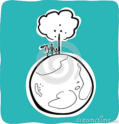 Happy family Earth and tree doodle illustration Vector Illustration