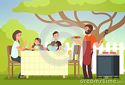 Happy family eating barbecue outdoor. Man, woman and kids cooking and grilling on summer holiday Vector Illustration