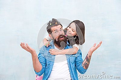 Happy family. Family members have fun together. Bearded man and small girl. Father and little daughter. Fathers day Stock Photo