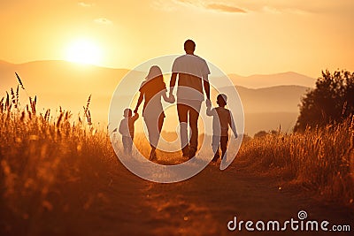 Happy family father, mother and child daughter launch a kite on nature at sunset. Generative AI Stock Photo