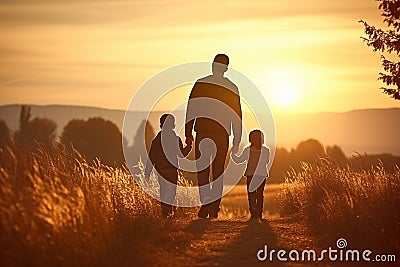 Happy family father, mother and child daughter launch a kite on nature at sunset. Generative AI Stock Photo