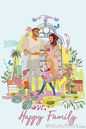 Happy family of father, mother and children outdoors amoung green nature and flowers. Vector Illustration