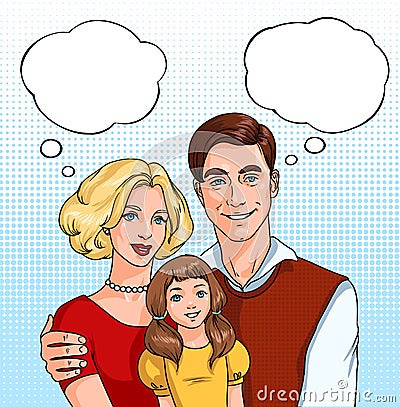 Happy family. father, mother and daughter with sound clouds. pop art illustration at comics style. Vector Illustration