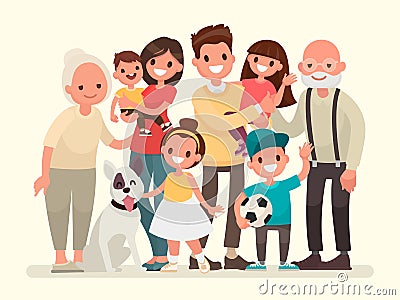 Happy family. Father, mother, grandfather,grandmother, children Cartoon Illustration