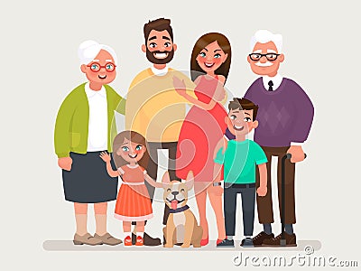 Happy family. Father, mother, grandmother, grandfather and children with a pet. Vector illustration Cartoon Illustration