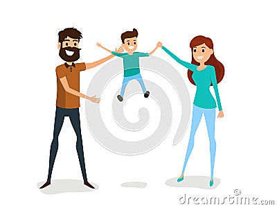 Happy family father, mother and son concept. Happy family gesturing with cheerful smile. Vector Illustration