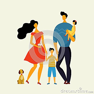 Happy family, father, mother, son and daughter walking the dog in summer Vector Illustration