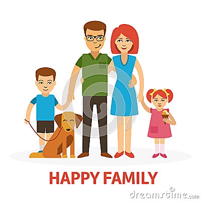 Happy family flat vector illustration with mother, father, daughter, son and dog in flat style isolated on white Vector Illustration