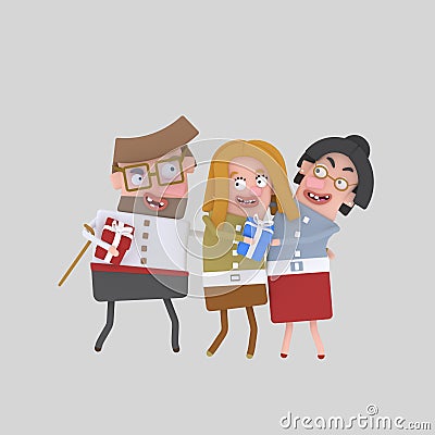 Happy family with gift. 3D Cartoon Illustration