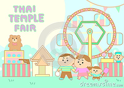 Happy family go to travel Temple fair in Thailand. Vector Illustration