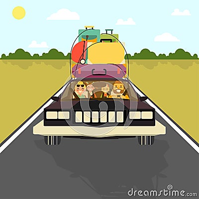 Happy family go on vacation by car with all their baggage. Vector illustration in flat style design. Cartoon people Vector Illustration