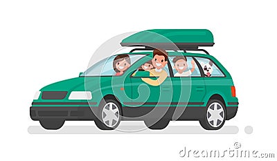 Happy family goes by car on vacation. Father, mother, son, daughter and dog go on a trip. Vector illustration Cartoon Illustration