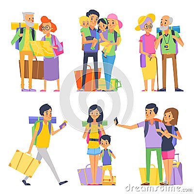 Happy family goes to vacation. Mother father and children. Grandmother and grandfather. Vector illustration Vector Illustration