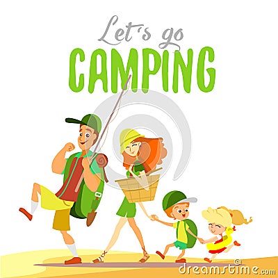 Happy family going together on camping at summer. Vector Illustration