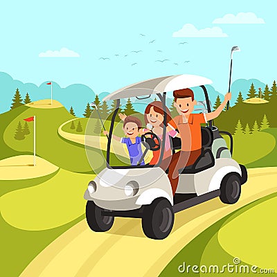 Happy Family with Golf Clubs goes by Golf Car on Golf Course. Cartoon Illustration