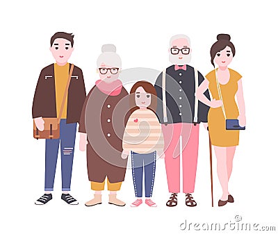 Happy family with grandfather, grandmother, father, mother and child girl standing together. Cute funny cartoon Vector Illustration