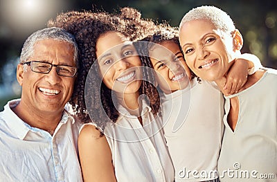 Happy family of grandparents, mother and girl love to smile, together for support, trust and care outdoor. Group of Stock Photo