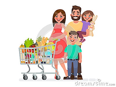 Happy family with a grocery cart full of products is shopping at the supermarket. Vector illustration Cartoon Illustration