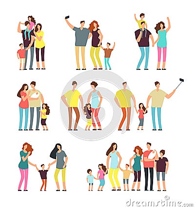 Happy family groups. Adult parents couple playing with kids vector cartoon people isolated Vector Illustration