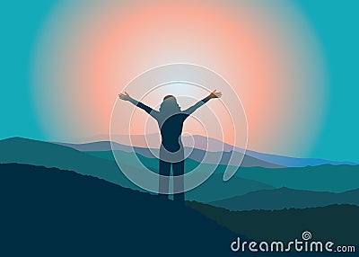 Free woman on the top of mountain. Cartoon Illustration