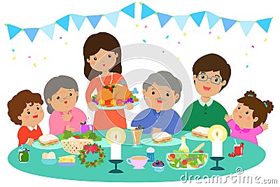 Happy family having a Christmas dinner . Vector Illustration