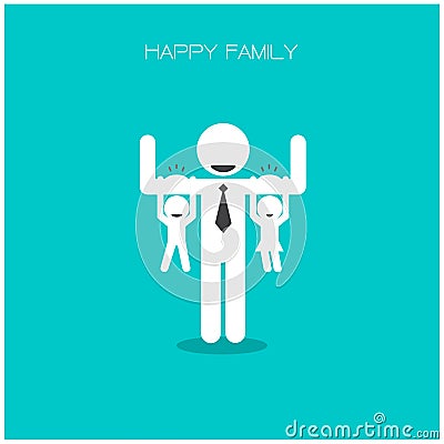 Happy family having fun,daughter and son hang on daddy's arms,f Vector Illustration