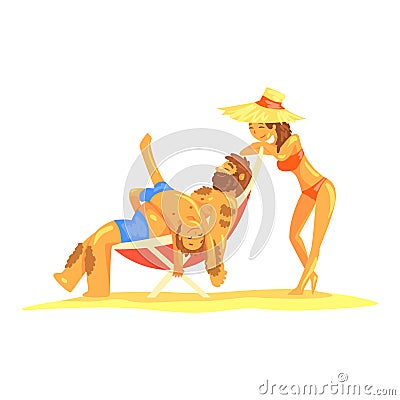 Happy family having fun on summer vacation, father sitting in a lounge chair playing with his son vector Illustration Vector Illustration