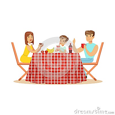 Happy family having lunch outdoors, mother, father and son characters at a picnic vector Illustration Vector Illustration