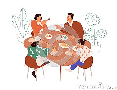 Happy family having meal, dinner at table. Parents and kids sitting and eating. Mother, father and children, boy and Vector Illustration