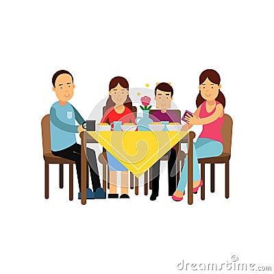 Happy family having meal together, husband and wife with children sitting at the table vector Illustration Vector Illustration