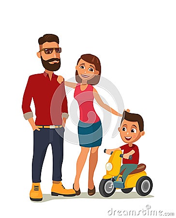 Happy family. Hipster in the yellow shoes and a red shirt. Vector Illustration