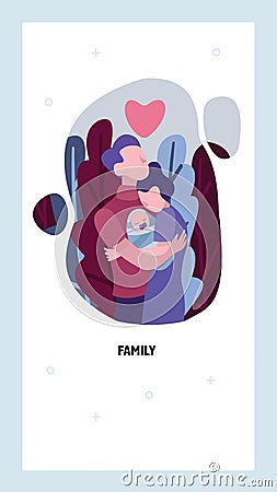 Happy family holding newborn child. Parents with infant baby. Father, mother, love cartoon concept. Vector web site Vector Illustration